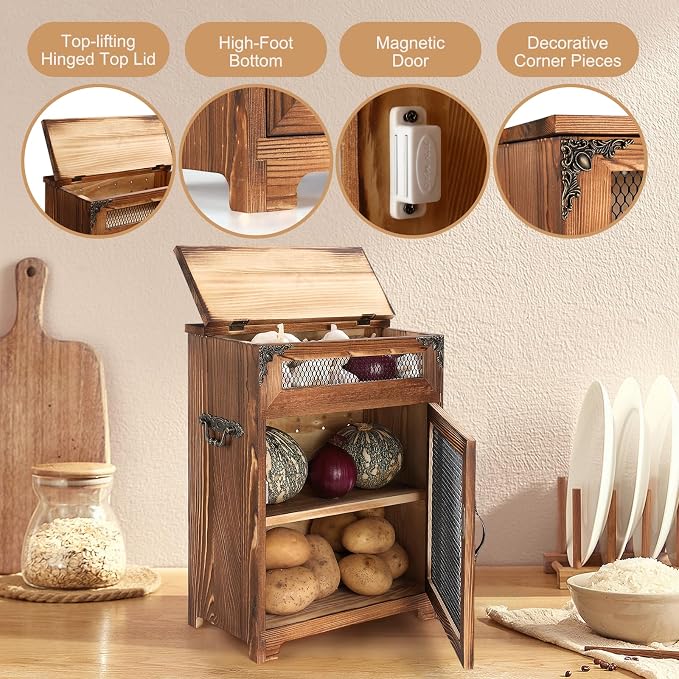 Mini Potato and Onion Storage Bin - Wooden Storage Box for Kitchen Countertops, Vegetable Storage Bins, 12.2" W x 6.5" D x 16" H (Rustic Color)