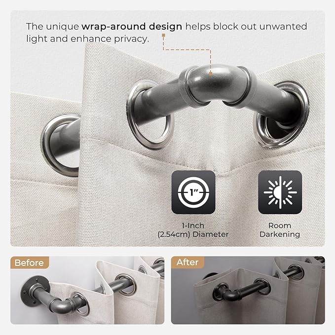 Zeerobee Curtain Rods for Windows 144 to 168, 1 Inch Industrial Wrap Around Grey Curtain Rod, Indoor/Outdoor Room Divider Adjustable Drapery Pole, 144"-168"
