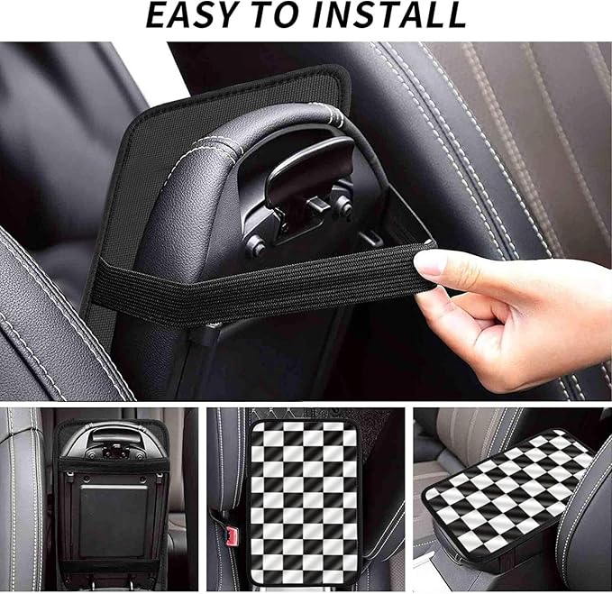 Racing Flags Checkered Flag Universal Center Console Armrest Cover Pad Car Armrest Protector for Most Cars, Suvs & Trucks, Cushion with Easy Installation