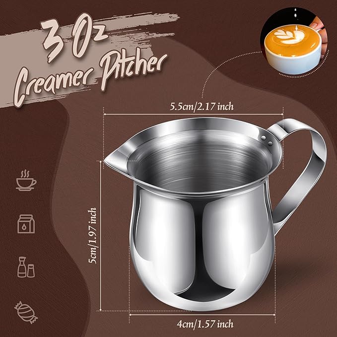 6 Pack Stainless Steel Bell Creamers 3 Ounce Creamer Pitcher Mini Coffee Milk Pitchers with Handle and Pouring Spout Cups for Serving Espresso, Tea, Milk, Maple Syrup, Sauce