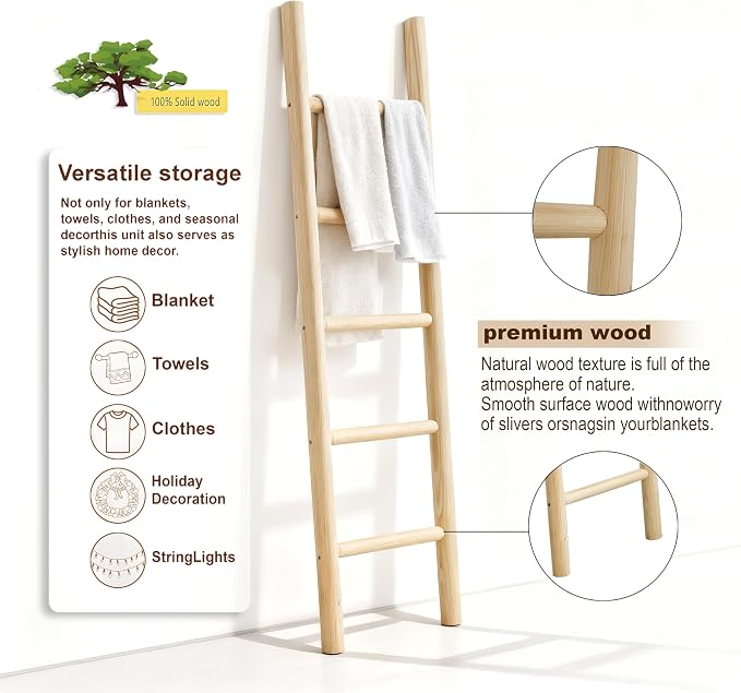 Wooden Blanket Ladder Natural & Motley Wood - Leaning Wall Decor for Bedroom, Bathroom, Living Room - Rustic Quilt Holder & Towel Rack (Light Wood Color, 57in | Fully Assembled)