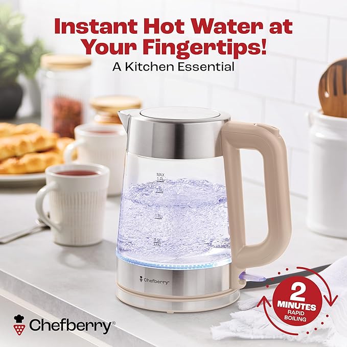 Electric Kettle for Boiling Hot Tea & Water | 1.7L Stainless Steel Borosilicate Glass Boiler With No Plastic, Automatic Shutoff, BPA Free, Fast Heating Technology (Cream)