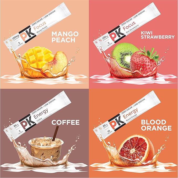 PURE KICK Energy and Focus Singles To Go Drink Mix Variety Pack,Blood Orange, Coffee, Strawberry Kiwi and Peach Mango, 40 Count (Pack - 1)