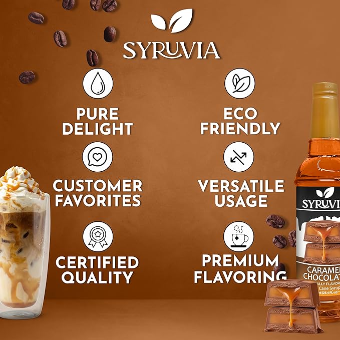 Syruvia Coffee Syrup, Caramel Chocolate Flavored Syrup for Drinks, Lattes and Desserts – 25.4 fl oz