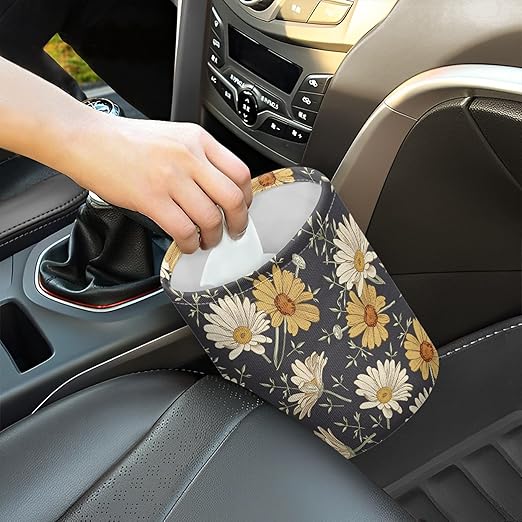Car Trash Can with Hanging for Back Seat, Car Accessories for Women Men Automotive Garbage Cans Vehicle Trash Can for Truck SUVWihte Yellow Daisy