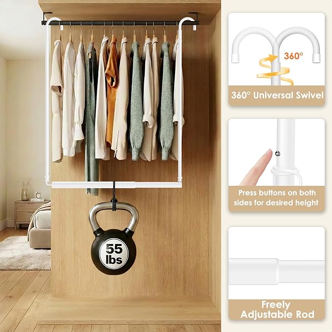 2 Pack Stepless Extender Closet Hanging Rod - Heavy Duty Closet Rods for Hanging Clothes, Adjustable Width & Height, Space-Saving White Closet Organizer for Hanging & Drying, Easy to Install