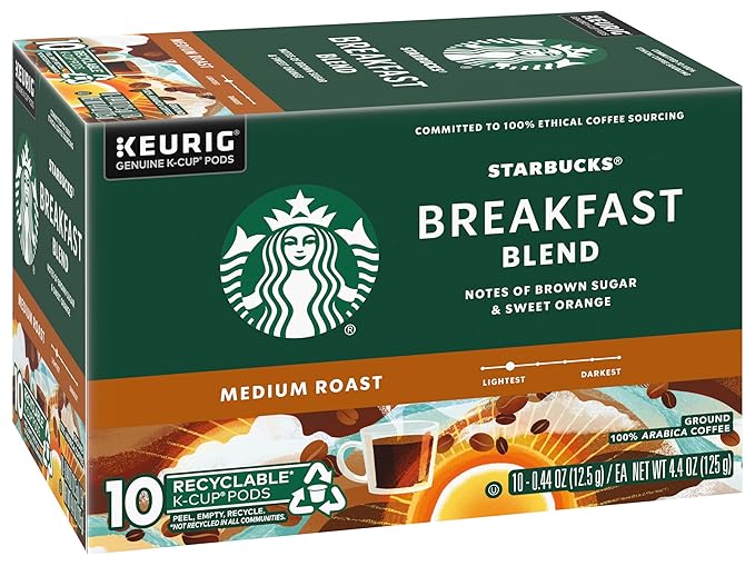 Starbucks Coffee K-Cup Pods, Breakfast Blend Medium Roast, Ground Coffee K-Cup Pods for Keurig Brewing System, 10 CT K-Cup Pods Per Box (Pack of 2 Boxes)