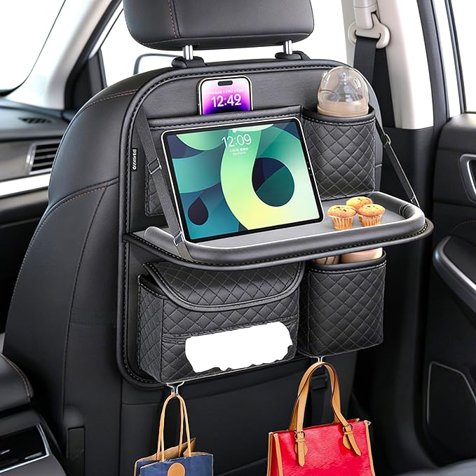 Car Seat Organizer, Backseat Car Organizer with Foldable Table Tray & Cup Holder - Leather Car Backseat Organizer for Kids, Women, Road Trip Essentials for SUVs, Trucks and Cars (Black)