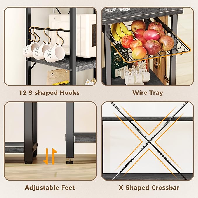 SUPERJARE Large Bakers Rack with Power Outlets, 6-Tier Microwave Stand, Coffee Bar with 12 S-Shaped Hooks, Kitchen Shelf with Wire Basket, 39.4 x 14.6 x 66.9 Inches, Charcoal Gray