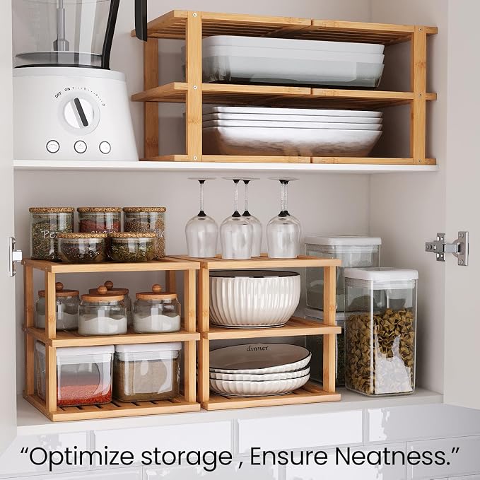 4 Pack Bamboo Corner Shelf,3 Tier Kitchen Cabinet Organizer for Plates and Dishes,Pantry Storage and Spice Rack（Natural）