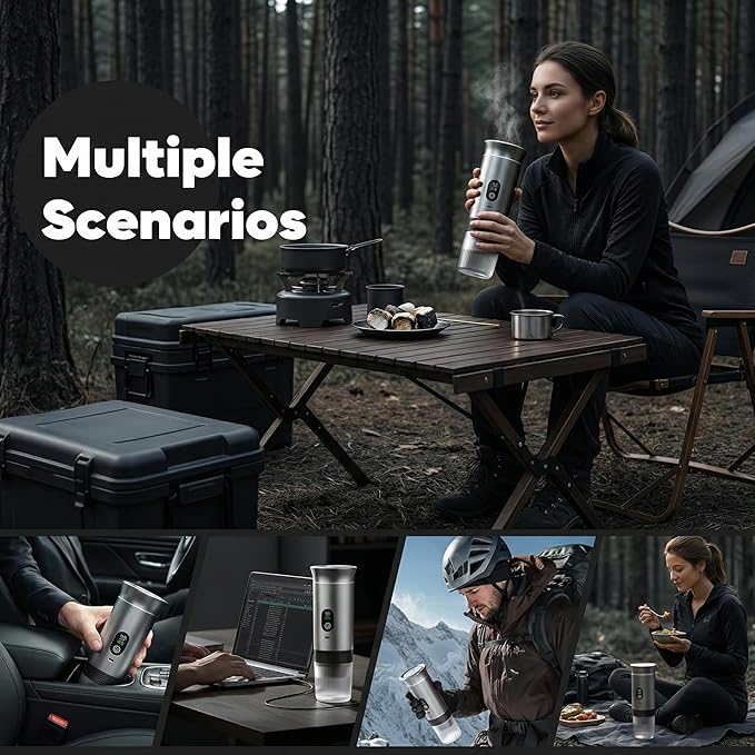 Portable Espresso Coffee Maker, Battery Operated Rechargeable Travel Espresso Machine, Self Heating Mini Coffee Maker for Camping & Car, Works with Ground Coffee and Small/Large Capsules, 80ml Cup