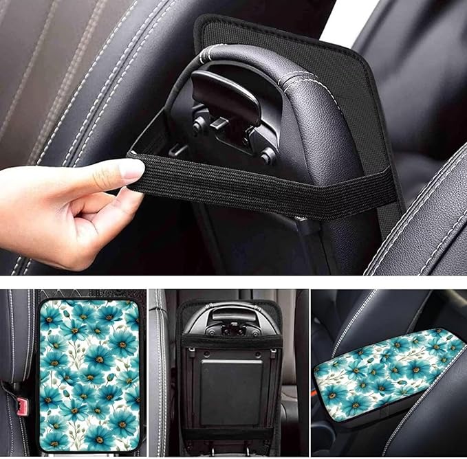 Gray Floral Car Center Console Armrest Pad for Cars Flower Printed Cars Accessories Dust-Proof Armrest Seat Storage Box Mat for Car Interior Decor, Easy to Install, Grey