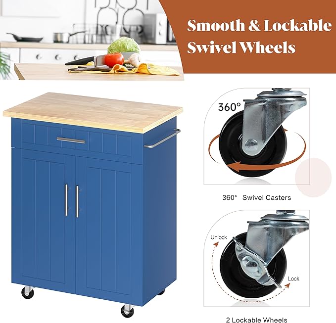 SUNLEI Kitchen Island on Wheels with Storage Cabinet & Drawer, 26" Width Rolling Kitchen Table, Cart Handle for Towel Rack or Free Mobility, Portable Islands for Kitchen, Dining Room(Blue)