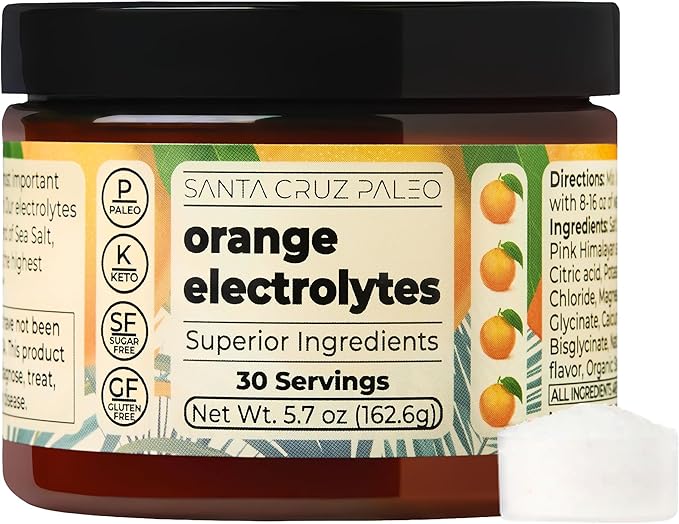 Santa Cruz Paleo Electrolyte Powder, Orange Flavor, Sugar Free Hydration Drink Mix with Himalayan Pink Salt, Sea Salt, Magnesium Glycinate, Potassium Chloride, Sweetened with Stevia, 30 Servings