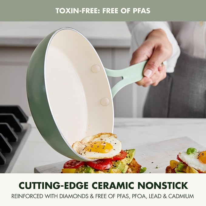 GreenPan Nova 12” Nonstick Frying Pan Skillet, PFAS-Free Ceramic Cookware, Durable Fast Heating, Induction Ready, Omelet & Eggs, Oven Safe to 600F, Dishwasher Safe, Pistachio Green