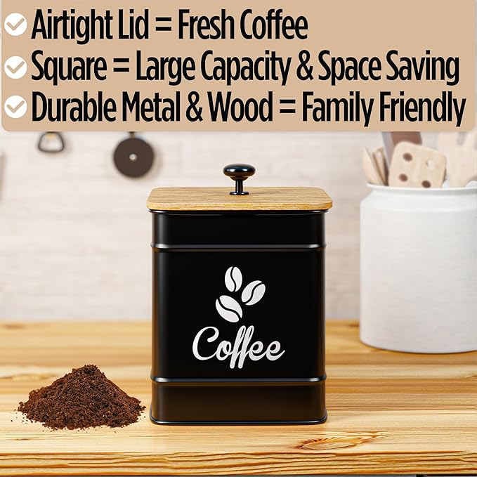 Airtight Coffee Canister - 40 oz Large Iron Black Coffee Container Airtight - 6 x 8 inch Metal Jar - Stylish Countertop Container for Coffee Grounds, Beans, Pods & More with Rubber-Lined Bamboo Lid
