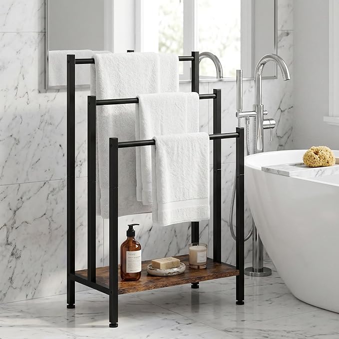 3 Tier Blanket Rack Stand, Freestanding Towel Rack with Wooden Shelf, 17.1" L x 11" W x 32" H, Quilt Display Stand for Bathroom, Bedroom, Living Room, Rustic Brown