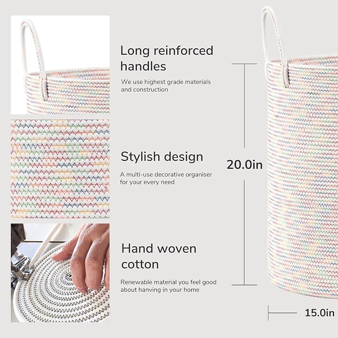 Goodpick Rainbow Rope Storage Basket for Kids 15 x 20 inches, Tall Baby Laundry Basket for Living Room Bedroom, Nursery Storage Basket for Toy Blankets Toy bin, 58L