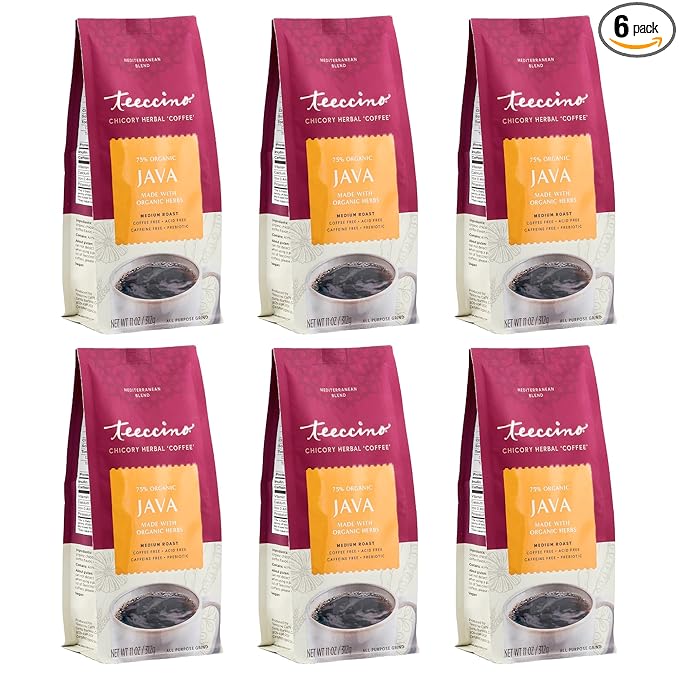 Teeccino Java Chicory Coffee Alternative - 11 Ounce - Ground Herbal Coffee That’s Prebiotic, Caffeine Free & Acid Free, Medium Roast, (Pack of 6)