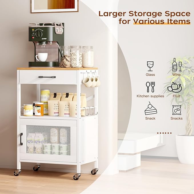Homeiju Kitchen Island Cart, Kitchen Storage Cart with Drawer, Microwaves Stand, Coffee Cart, Rolling Kitchen Cabinet Cart with Hooks for Kitchen, Dining Room, White