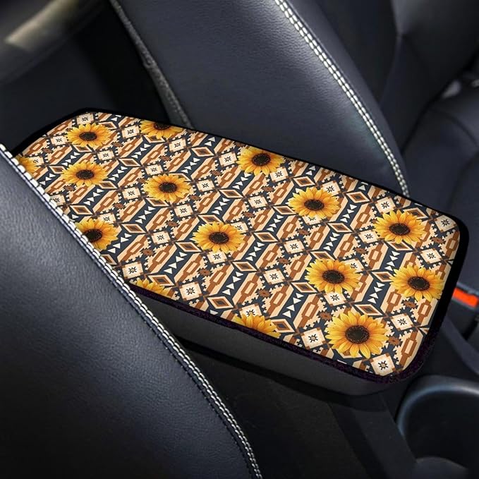 Sunflower Aztec Auto Armrest Console Car Accessories Car Center Console Cover Easy to Install Armrest Console Cover Soft Fit for Most Cars, Vehicles, SUVs