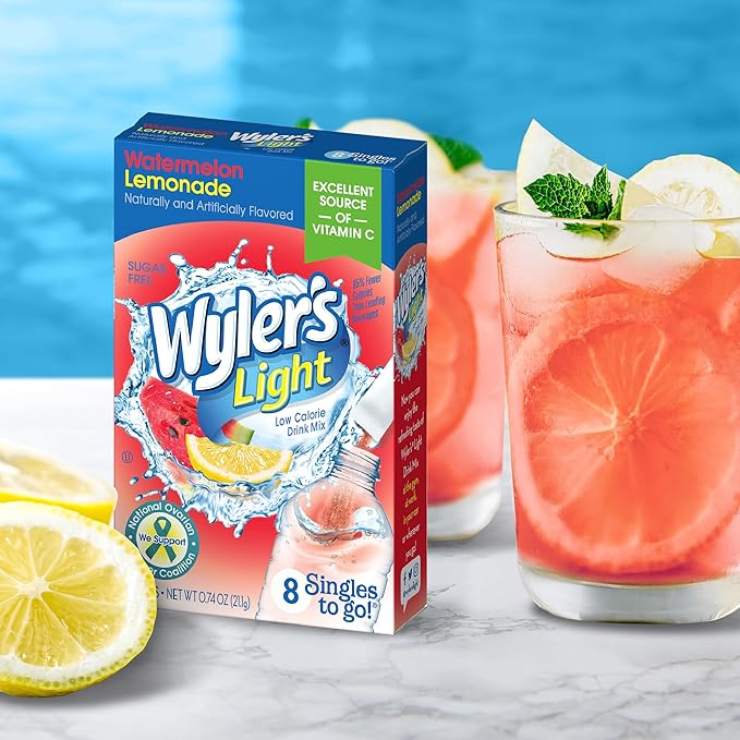 Wyler's Light Singles To Go Powder Packets, Water Drink Mix, Watermelon Lemonade, 96 Servings, 8 Count x Pack of 12