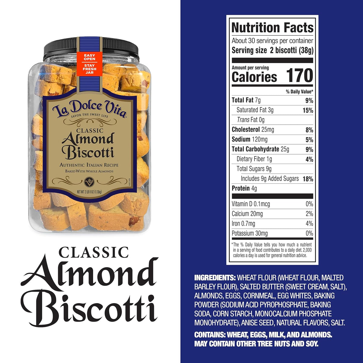 La Dolce Vita Classic Almond Italian Biscotti Cookies, 40 oz jar, gourmet coffee and tea dipping snack