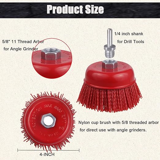 Abrasive Filament Nylon Bristle Cup Brush, 4" Nylon Cup Brush for Angle Grinder, 5/8" 11 Thread, 1/4" Drill Arbor-Remove Rust, Removal Rust Paint &Surface Prepping