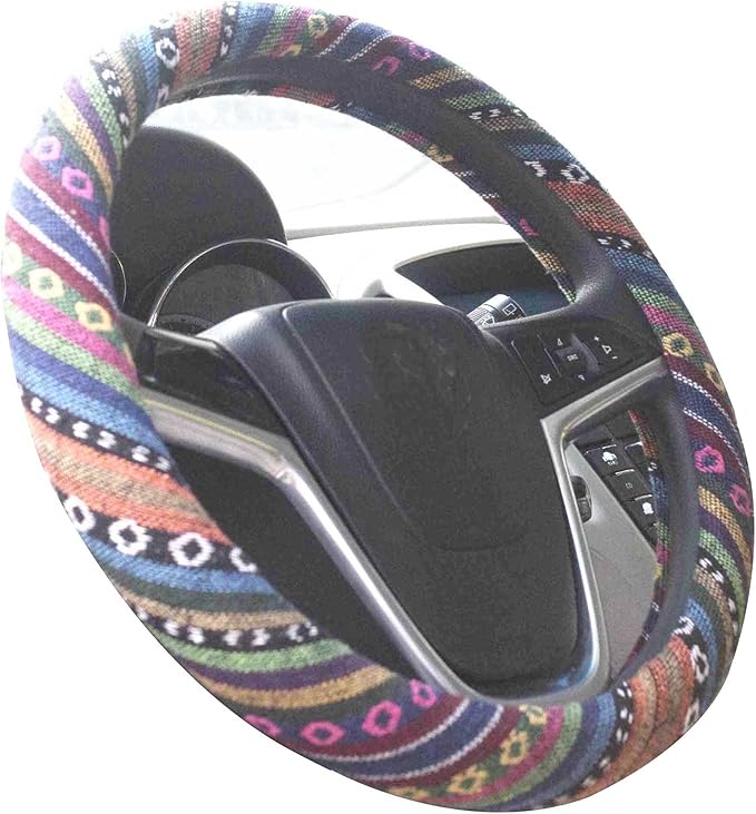 Small Ethnic Style Coarse Flax Cloth Automotive Steering Wheel Cover Anti Slip and Sweat Absorption Auto Car Wrap Cover (14''-14.25, C)