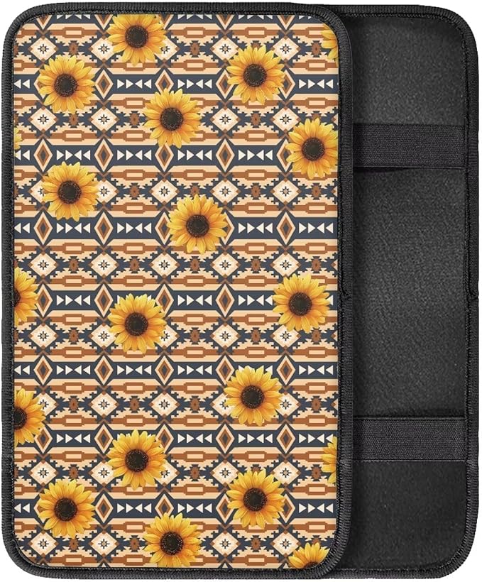 Sunflower Aztec Auto Armrest Console Car Accessories Car Center Console Cover Easy to Install Armrest Console Cover Soft Fit for Most Cars, Vehicles, SUVs