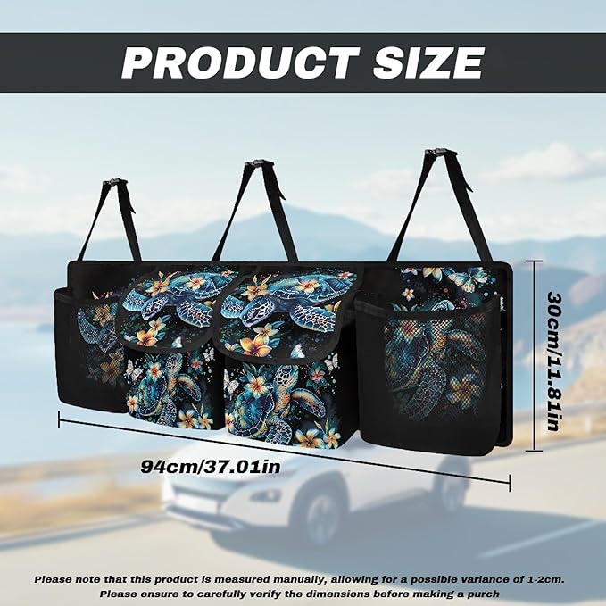 CLOHOMIN Blue Sea Turtle Trunk Organizer for SUV Sedan Auto Hibiscus Car Trunk Organizer Hanging Car Storage Bags Collapsible Cargo Bag with 4 Pockets Car Decor Accessories Gifts