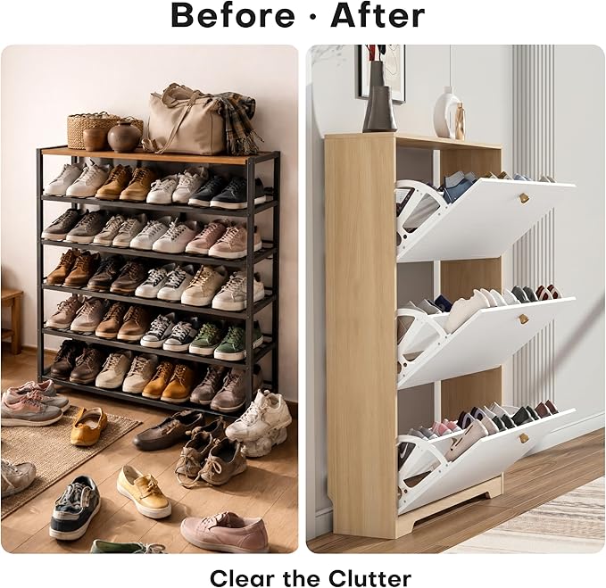 Nicetree Shoe Cabinet with 3 Flip Drawers，Freestanding Shoe Storage Cabinet, Narrow Shoe Organizer Cabinet, Farmhouse Slim Shoe Rack Cabinet for Entryway, Natural Oak and White with Hook