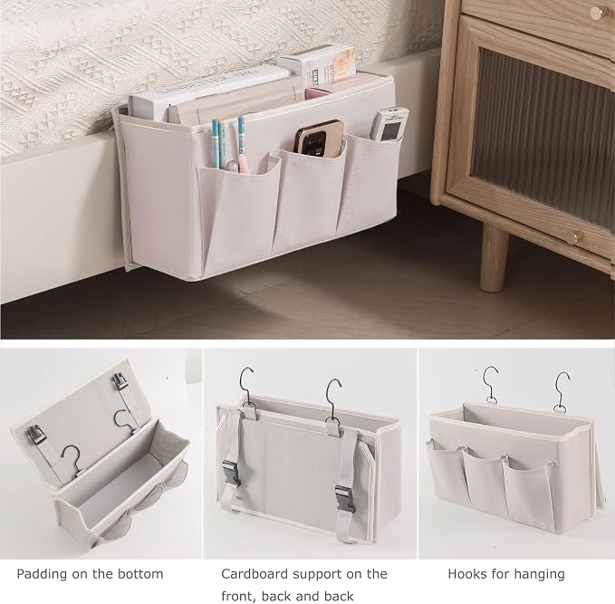 Bedside Caddy / Bedside Storage Organizer Hanging Bag with Three Options,Suitable for home beds, sofas, and dormitory beds—can hold magazines, books, phones, iPads, remote controls. (White)