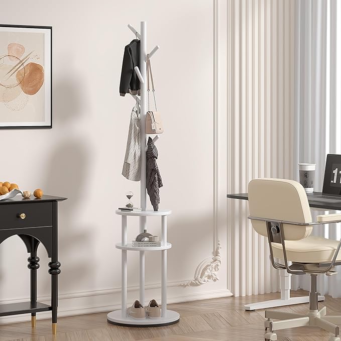 VECELO Coat Rack Freestanding, Entryway Hanger Stand, Umbrella Holder, Hall Tree With Hooks, Floor Standing Tree Stand,White
