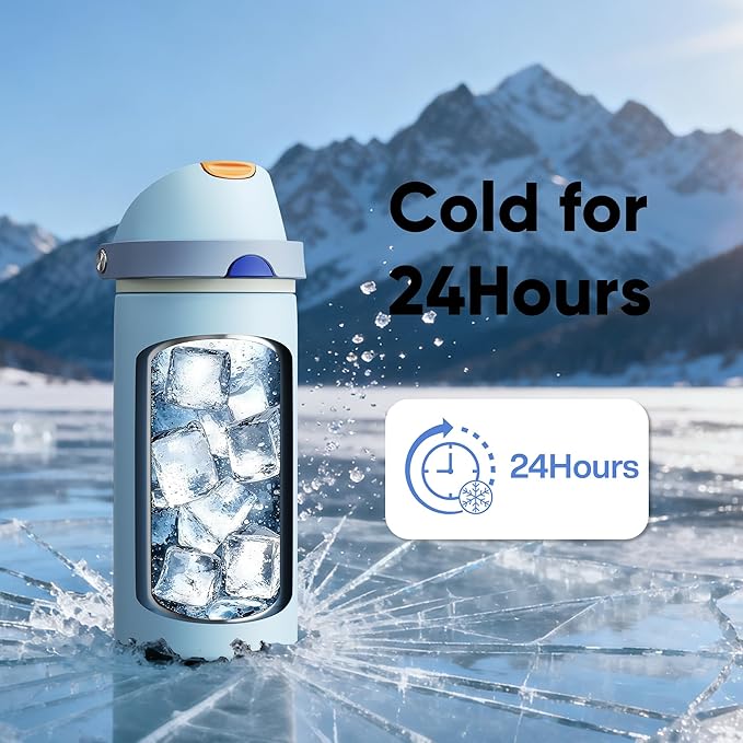 Insulated Water Bottle with Straw - Encool Stainless Steel Water Bottle with Push Button Lid, Leak-Proof & BPA-Free, Keeps Cold for 24 Hours for Sports, Travel, Gym (24 oz, Hazy Blue-Blue)