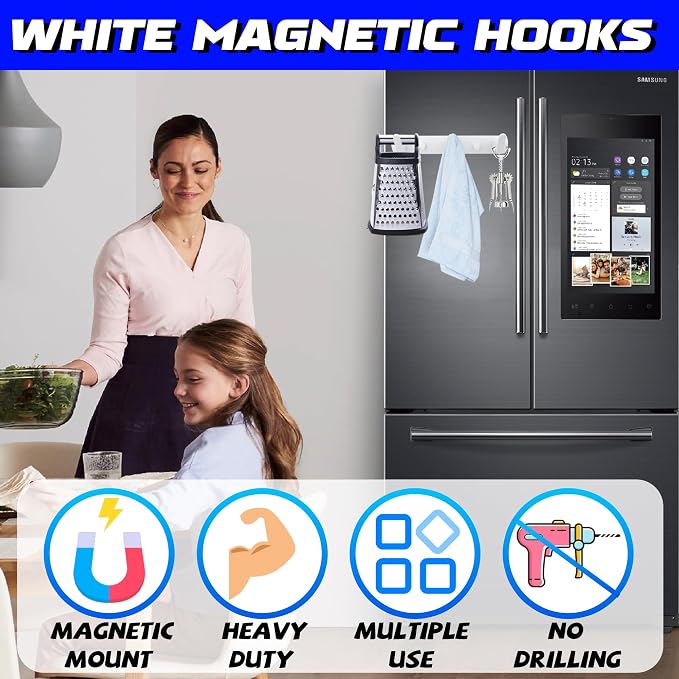 ULIBERMAGNET Magnetic Coat Hooks,Heavy Duty Magnetic Rack,Strong Rubber Magnetic Hanger for Refrigerator,Metal Cabinet,Door,Hanging Coat, Towel, Bag, Scarf, Helmet(White/3 Hooks)