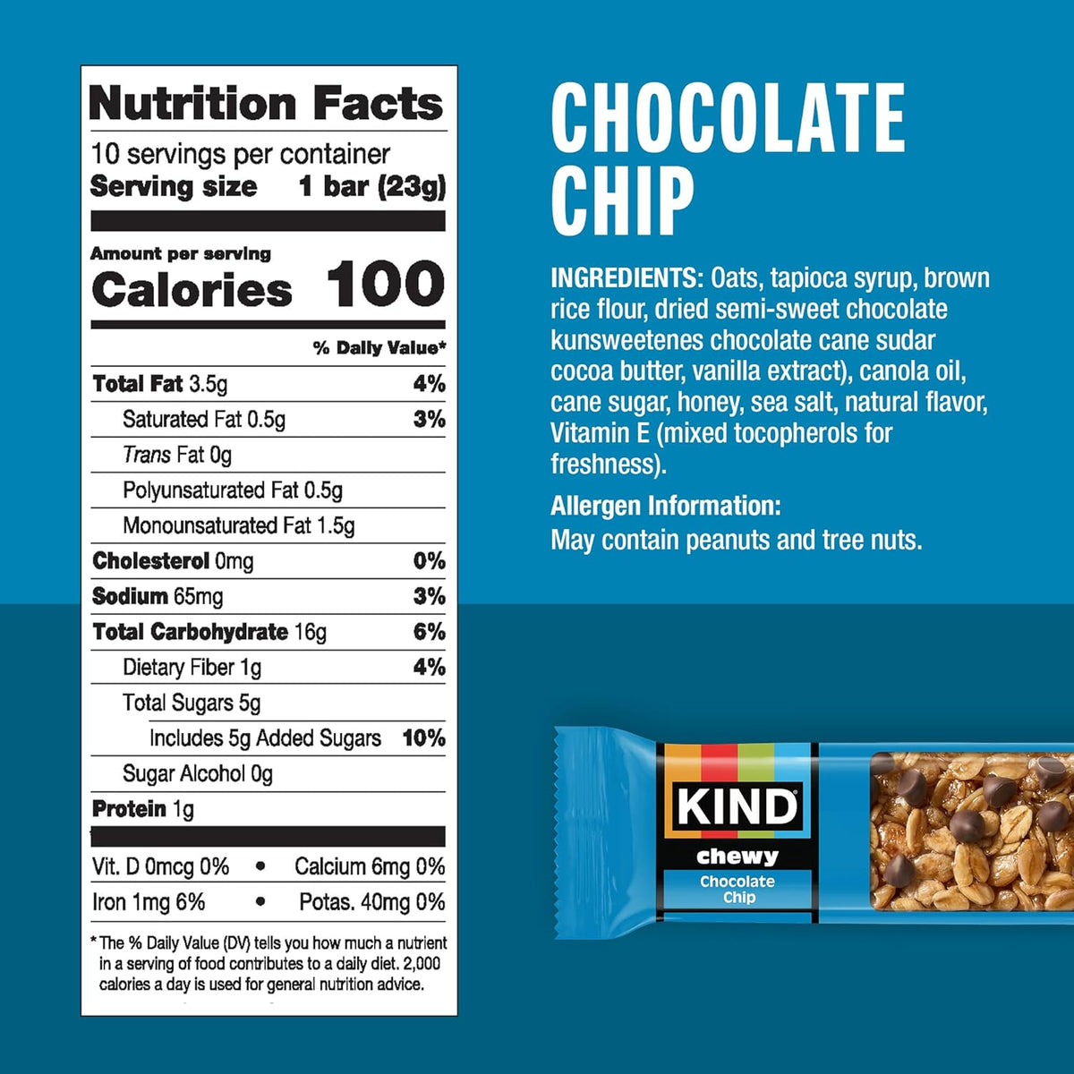 KIND Chewy Granola Bars, Chocolate Chip, Gluten Free, Low Calorie, Healthy Snacks, 10 Count