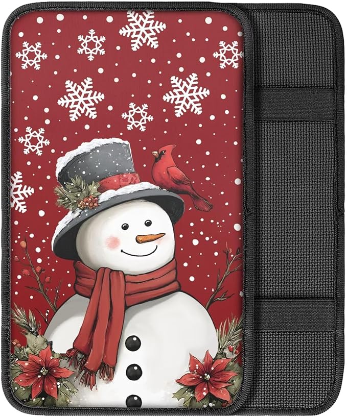 Horeset Christmas Snowman Poinsettia Anti-Scratch Car Armrest Cover Center Console Automobile Arm Rest Cushion Interior Accessories Fit SUV Sedan Truck