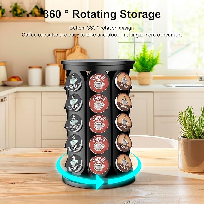 CEHNCEH K Cup Holder: Coffee Pod Carousel Organizer, Compatible with 40 Keurig K-Cup Pods, Spins 360-Degrees - Lazy Susan Platform, Home or Office Kitchen Counter Organize (Black)