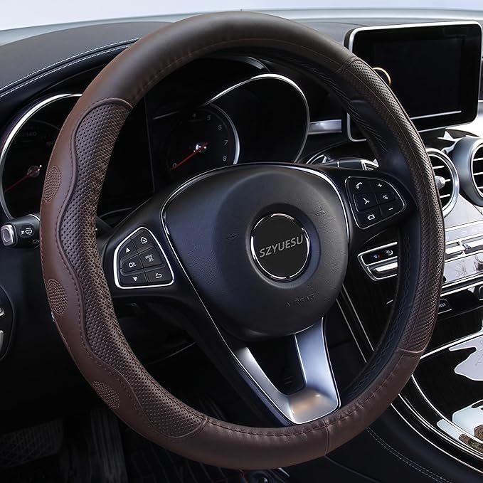 Leather Car Steering Wheel Cover with Anti-Slip Lining Universal 14.5-15 Inch (37-38 cm) Auto Microfiber Protector, Car Accessories for Most Cars, SUVs | Coffee