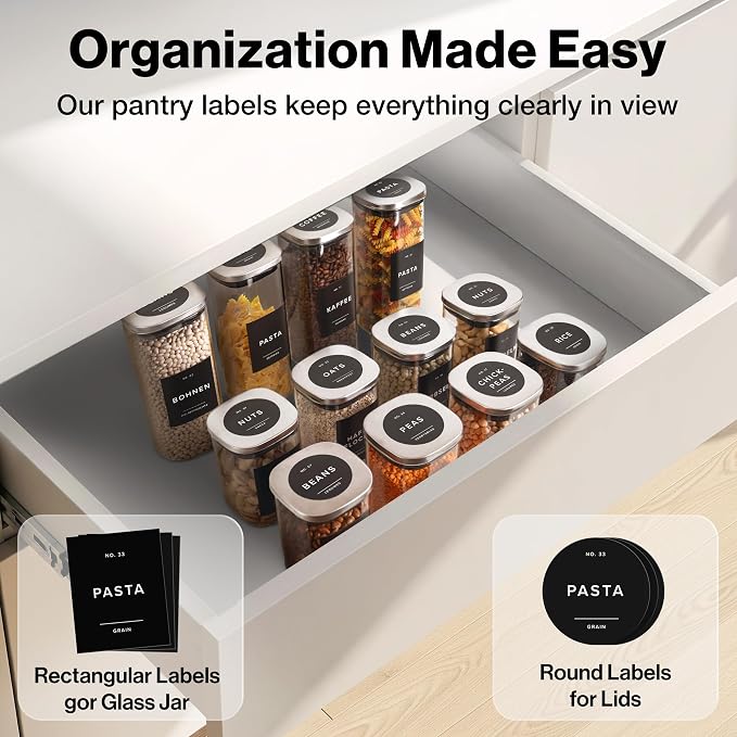 EDELHAUS Square Glass Storage Containers with Stainless Steel Lids 12-Pack (4x 30 oz, 8x 17 oz) Glass Storage Jars with Lids for Food, Stackable Glass Kitchen Canisters with 114 Labels for Pantry
