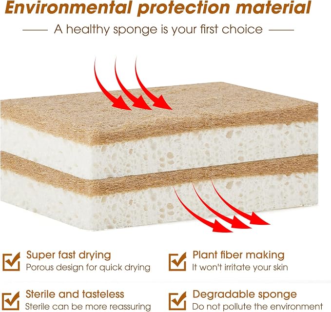 GREENTH PRO 10 Pack Nature Dish Sponge - Natural Kitchen Sponge - Coconut Fiber and Wood Cellulose Scrubber