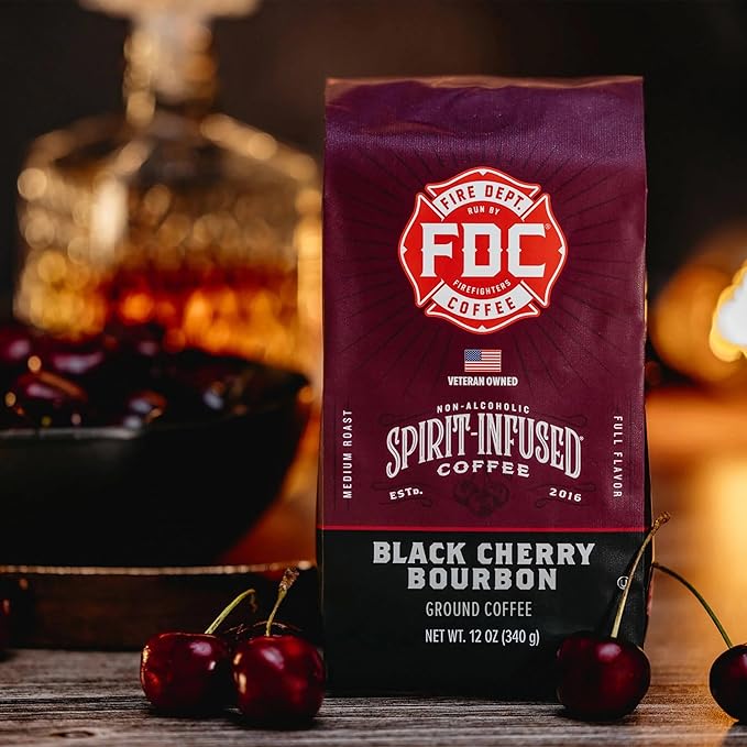 Fire Department Coffee Black Cherry Bourbon Infused Medium Roast Ground Coffee - 12 oz (2 Pack) - Non-Alcoholic - Gives Back to Firefighters - Roasted in the USA - Veteran Owned