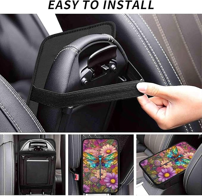 Universal Car Center Console Cushion Pad, Purple Flower Dragonfly Soft Waterproof Car Center Console Cover Auto Armrest Seat Box Cover Protector for Most Vehicle SUV Truck Car