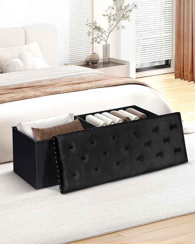 B FSOBEIIALEO Storage Ottoman Bench, Folding Tufted Ottomans with Storage, Extra Large 140L Storage Boxes Footrest Bench for Bedroom, Luxury Velvet Fabric 43 Inches Black