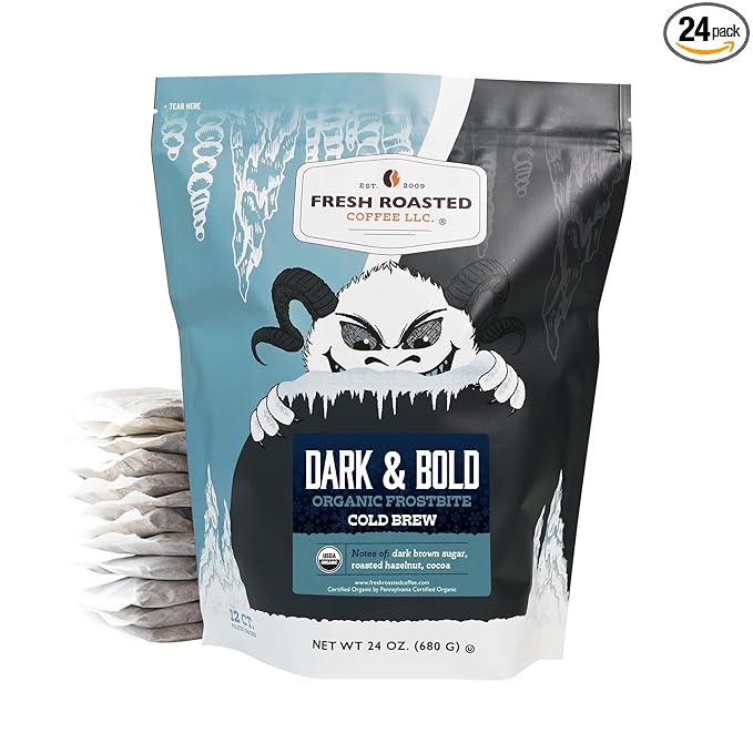Fresh Roasted Coffee, Organic Dark & Bold Frostbite Cold Brew Coffee Filter Packs | USDA, Kosher | Dark Roast, 12 Count, 24 oz