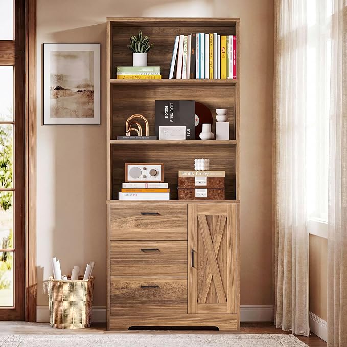 IRONCK Bookshelf with Doors and 3 Drawers 71 in Tall Bookshelf with Storage, Industrial Book Shelf with 3-Tier Shelves for Living Room Entrance Hallway Home Office