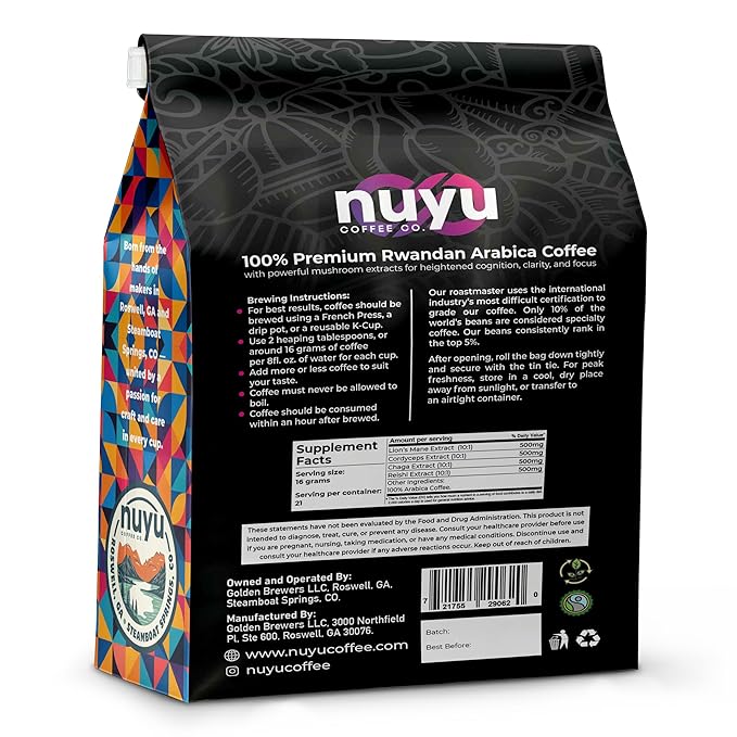 Nuyu Medium Roast Premium Mushroom Coffee, 12 oz, Specialty Ground 100% Arabica, 2000mg Functional Mushrooms, Lion's Mane, Reishi, Chaga, Cordyceps for Cognition, Energy and Wellness