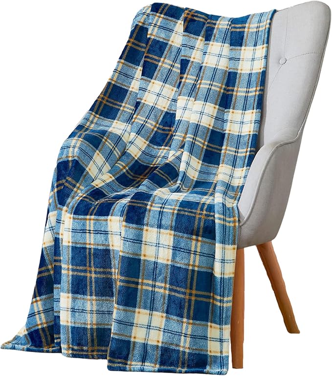 Teal Plaid Farmhouse Fleece Throw Blanket: Soft Blue Cream Brown Tartan Design Accent for Sofa Couch Chair Bed Dorm