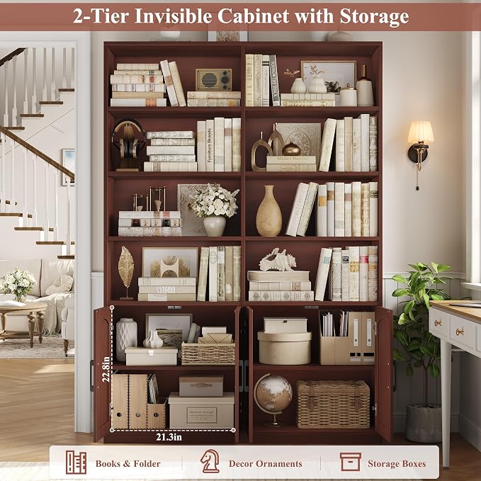 FACBOTALL Bookshelf and Bookcase with Doors, 6 Tier Double Wide Large Bookshelves, Open Display Shelves, 73'' Tall Bookshelf with Storage Cabinets for Home Office, Living Room, Library, Cherry